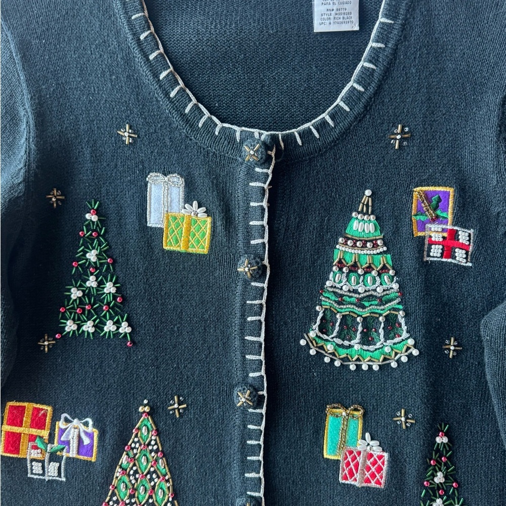 Vintage 90s Beaded Christmas Tree Cardigan Ugly Sweater L 10-12 knit holiday - Picture 3 of 7